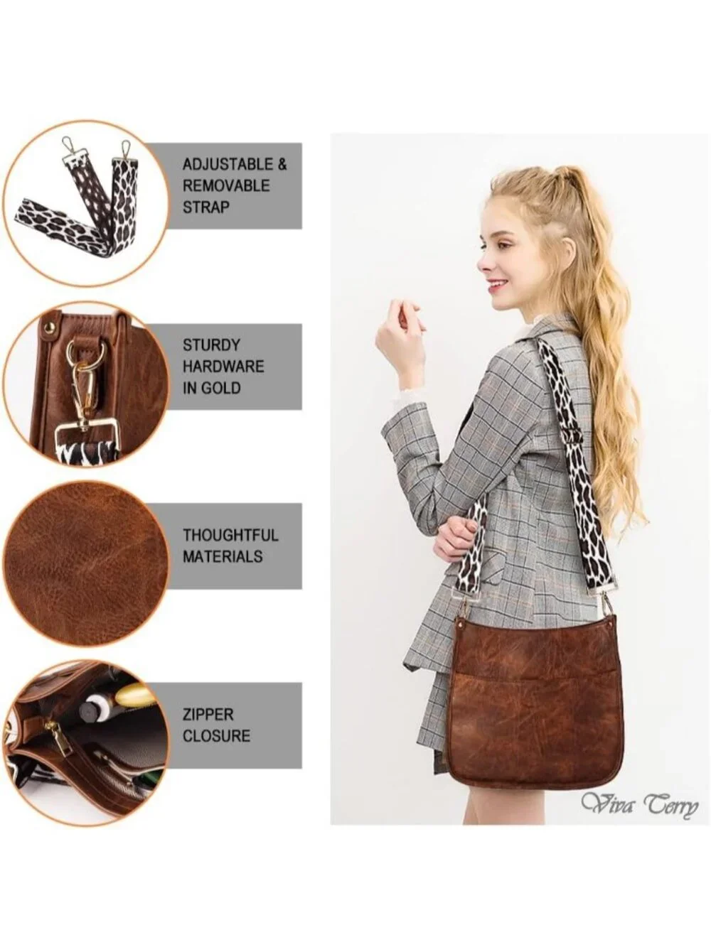 Women's  Dark Brown Leather Small Crossbody Bag Wide Guitar Strap Shoulder Purse